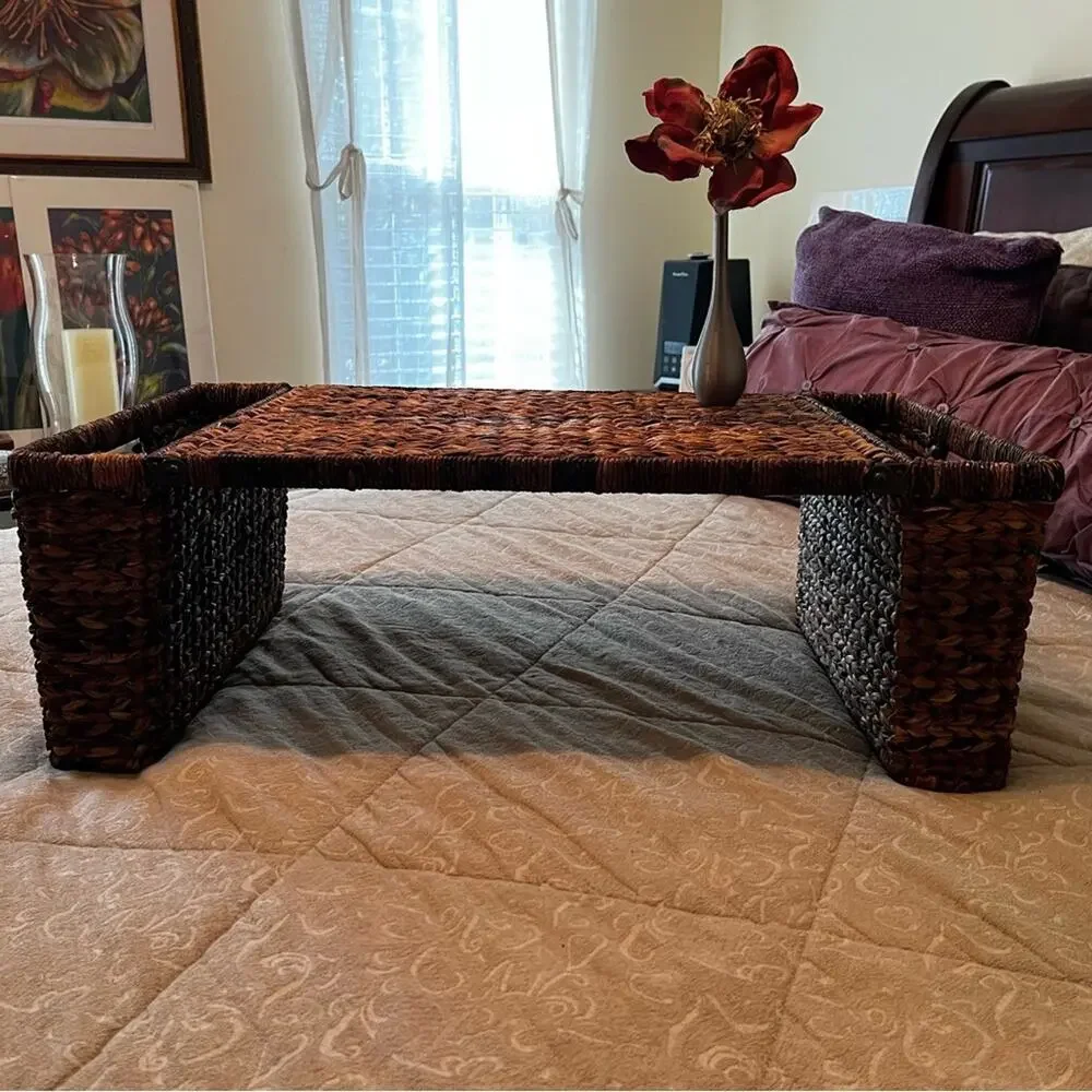 NEW Pottery Barn Rattan Wicker Metal Folding Side Table Tea Brunch Bed Table T…